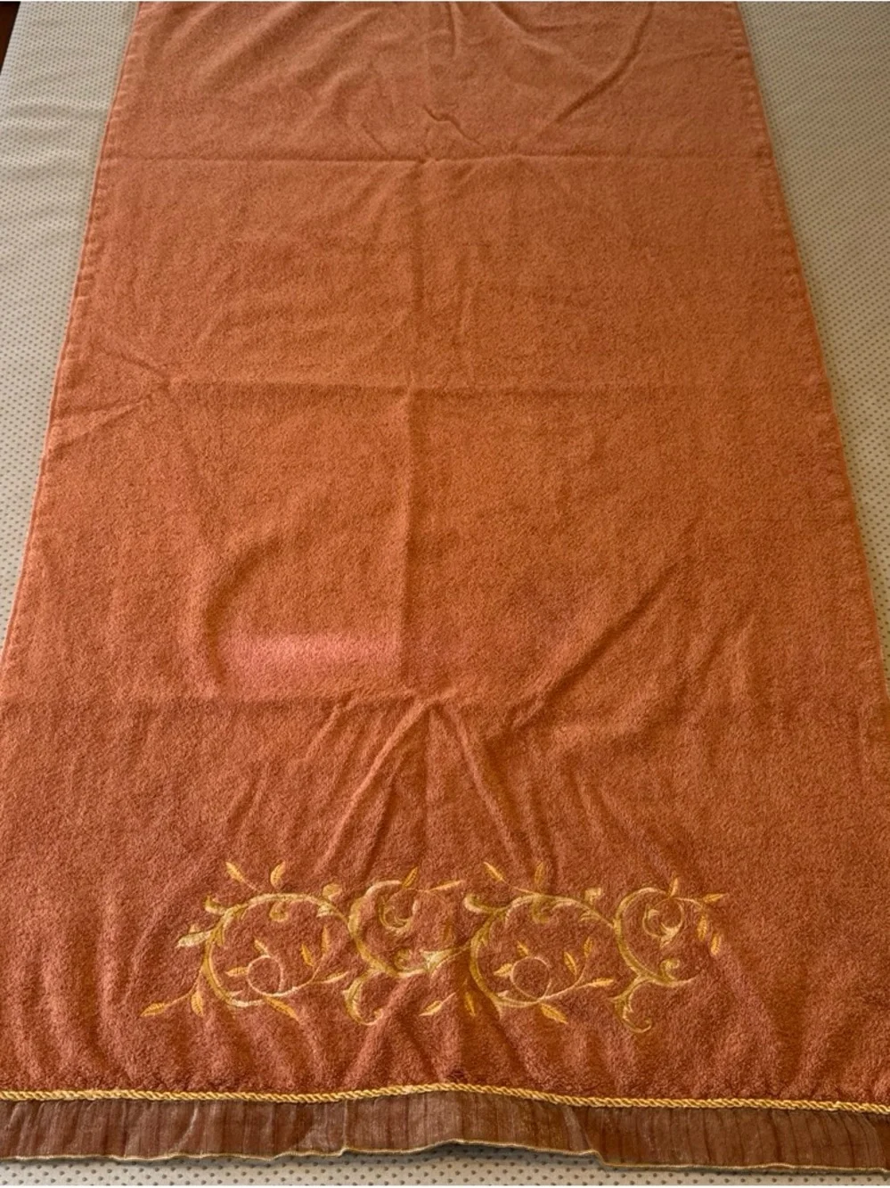 TWO Vintage Avanti Rust Orange‎ Bath Towels with Gold Embroidered Scroll